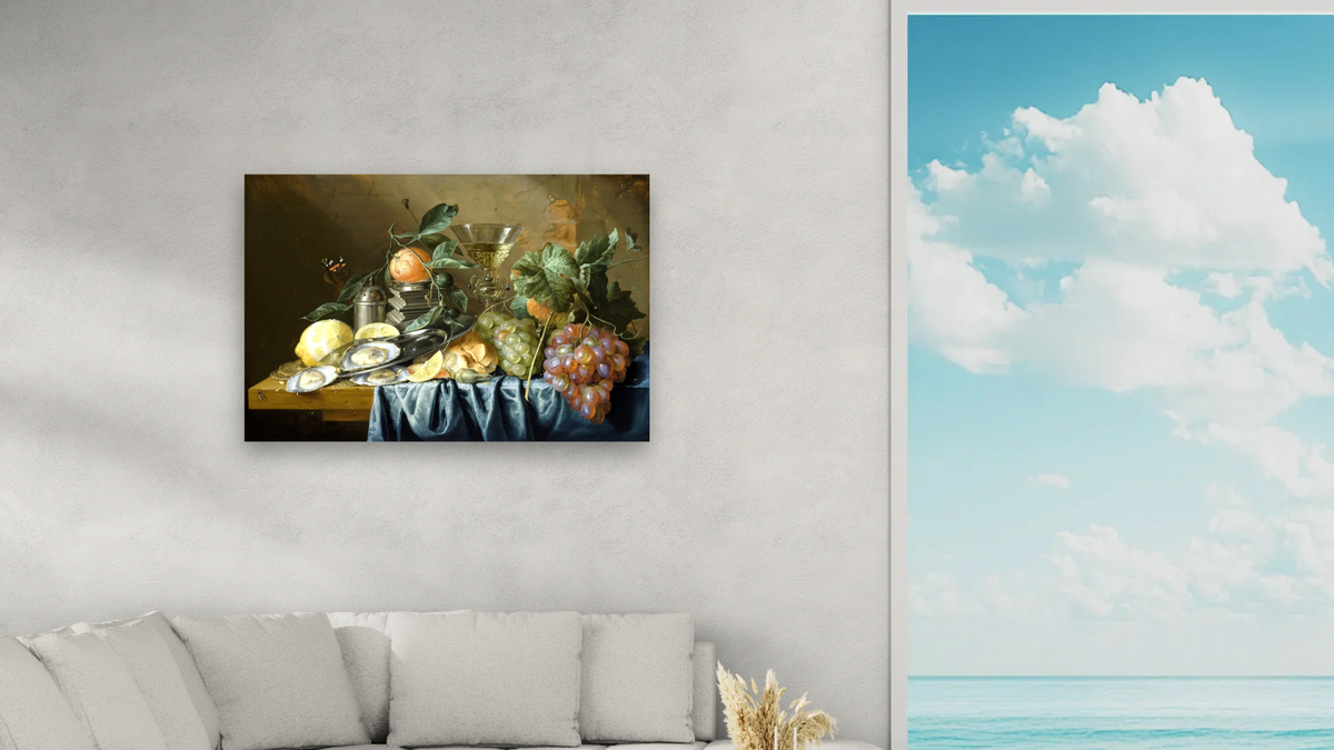 Still Life with Oysters and Grapes by Jan Davidsz de Heem, shown at 28 × 42 in (71.1 × 106.7 cm) as gallery-wrapped canvas, living
