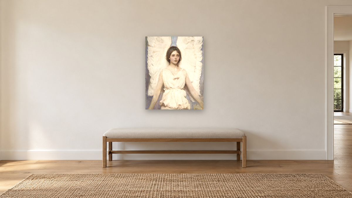 Angel by Abbott Handerson Thayer, shown at 32 × 40 in (81.3 × 101.6 cm) as gallery-wrapped canvas, hallway