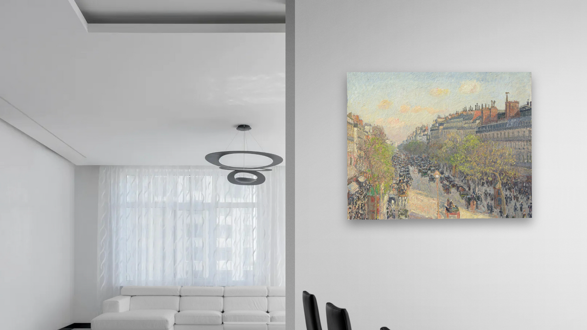 Boulevard Montmartre, Twilight by Camille Pissarro, shown at 32 × 40 in (81.3 × 101.6 cm) as gallery-wrapped canvas, dining
