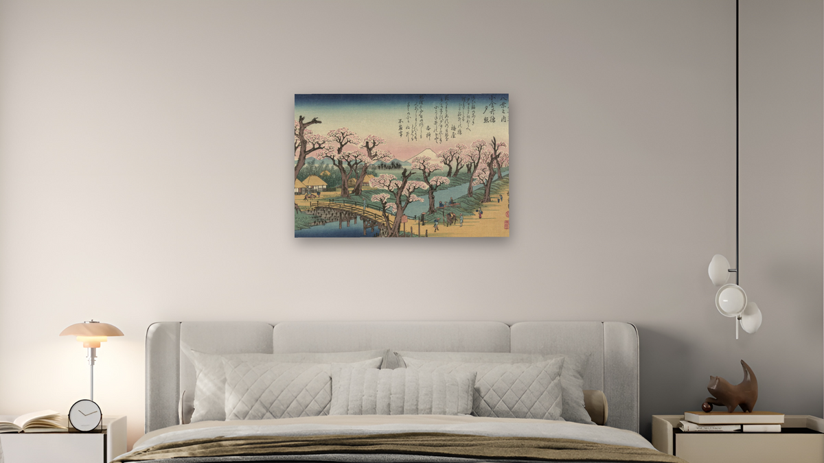 Evening Glow at Koganei Bridge by Andō Hiroshige, shown at 28 × 42 in (71.1 × 106.7 cm) as gallery-wrapped canvas, bedroom