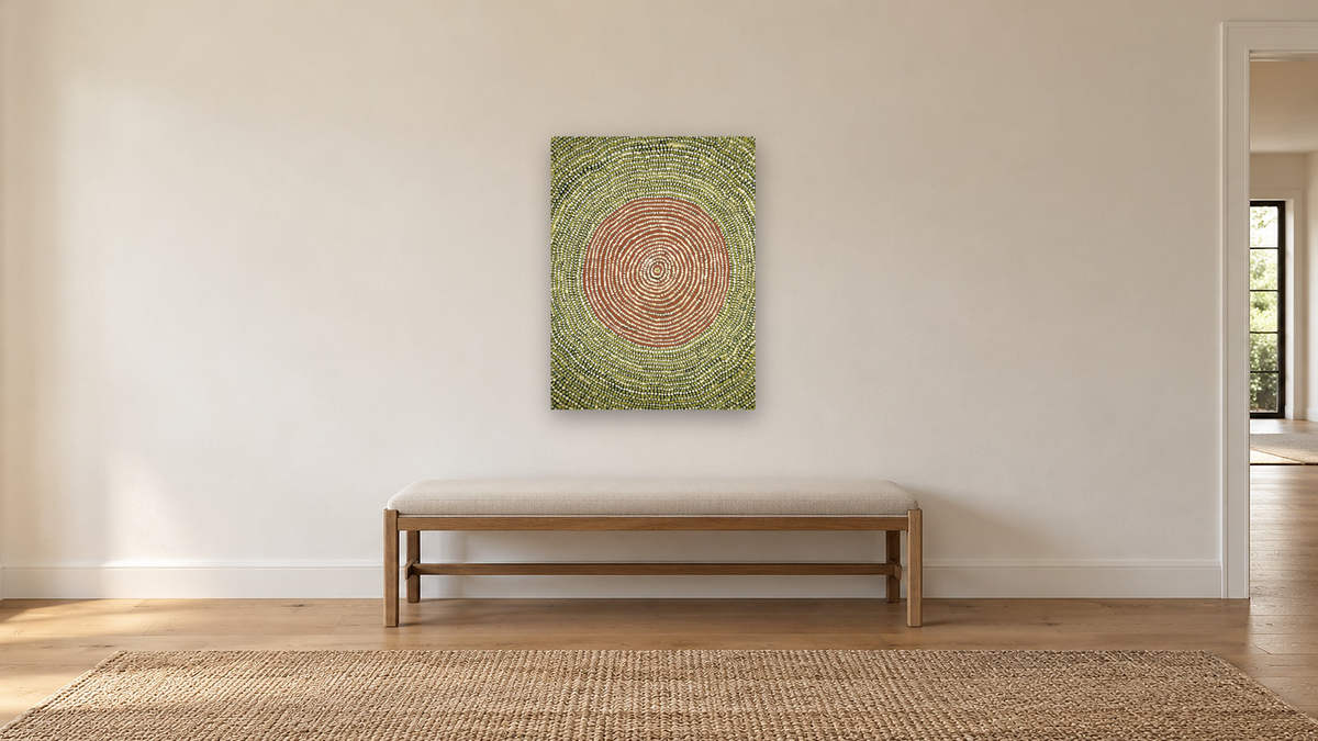 Untitled (concentric circles) by Uta Uta Tjangala, shown at 30 × 40 in (76.2 × 101.6 cm) as gallery-wrapped canvas, hallway