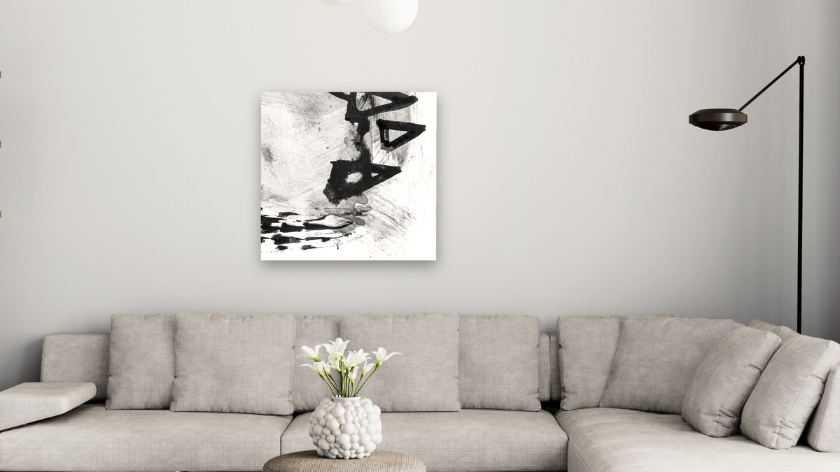 Black White Set 6 by Dan Hobday, shown at 32 × 32 in (81.3 × 81.3 cm) as gallery-wrapped canvas, living