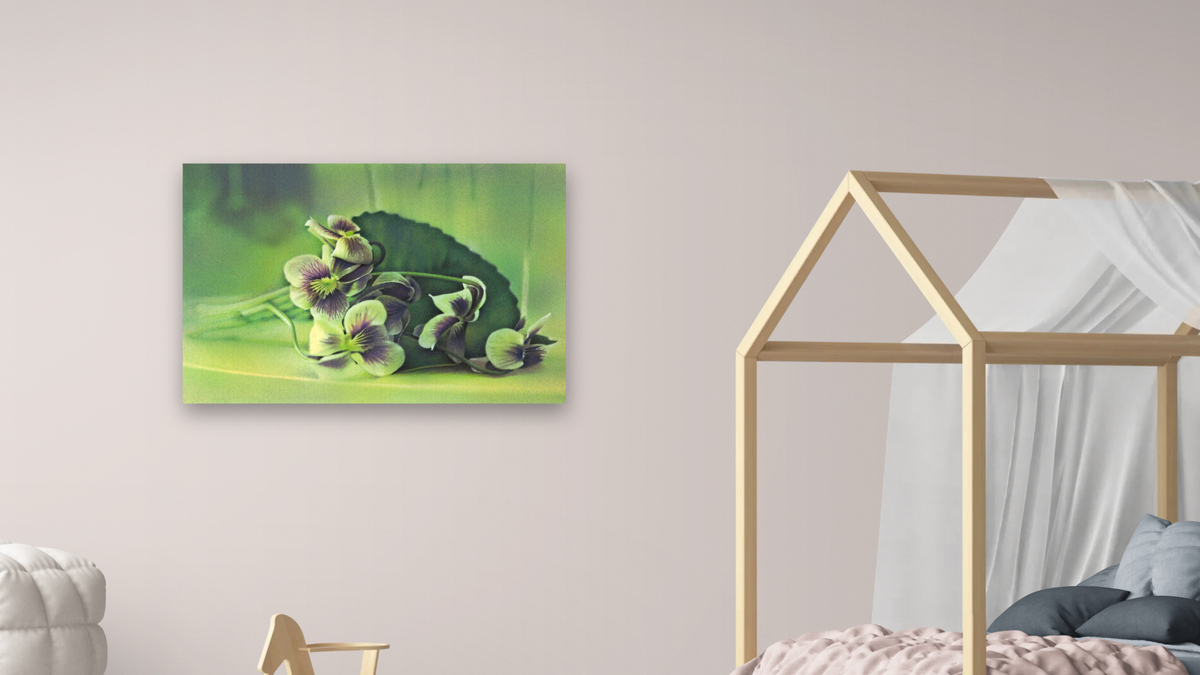 Violets by Kirsten Söderlind, shown at 28 × 42 in (71.1 × 106.7 cm) as gallery-wrapped canvas, bedroom