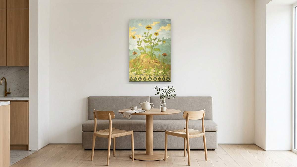 Sunflowers and Poppies by Paul Elie Ranson, shown at 28 × 42 in (71.1 × 106.7 cm) as gallery-wrapped canvas, kitchen