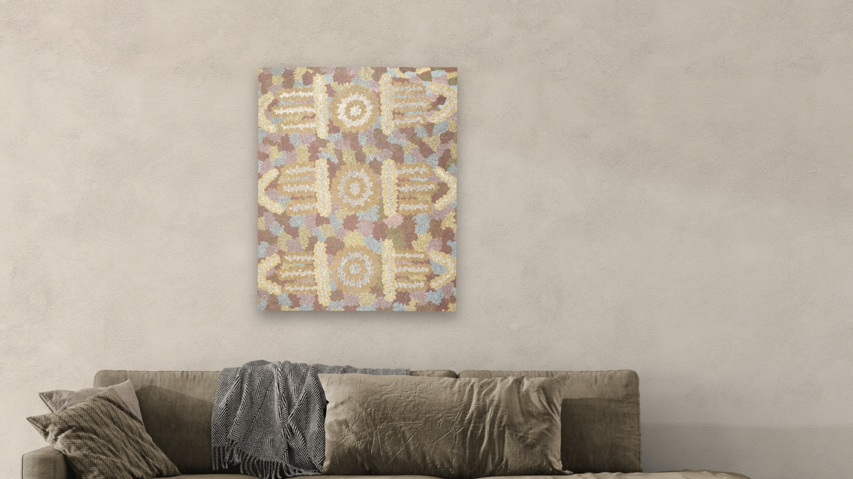 Women's Ceremony by Clifford Possum Tjapaltjarri, shown at 32 × 40 in (81.3 × 101.6 cm) as gallery-wrapped canvas, living