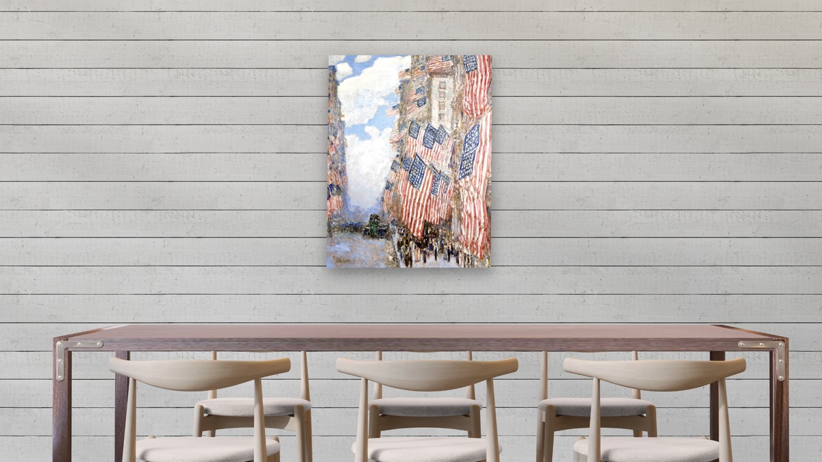 The Fourth of July, 1916 by Childe Hassam, shown at 30 × 40 in (76.2 × 101.6 cm) as gallery-wrapped canvas, dining