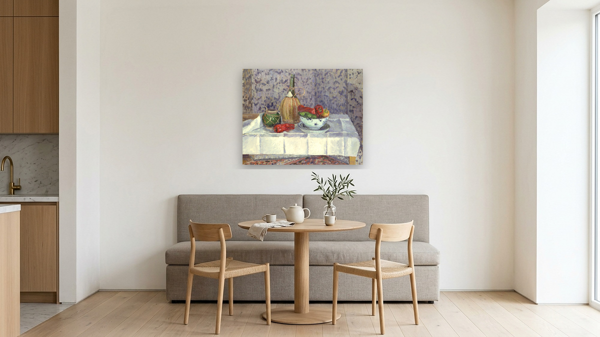 Still Life with Peppers by Camille Pissarro, shown at 32 × 40 in (81.3 × 101.6 cm) as gallery-wrapped canvas, kitchen