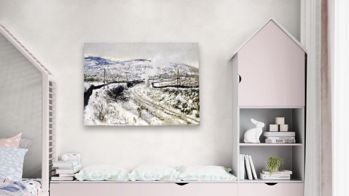 Train In The Snow at Argenteuil by Claude Monet, shown at 30 × 40 in (76.2 × 101.6 cm) as gallery-wrapped canvas, bedroom