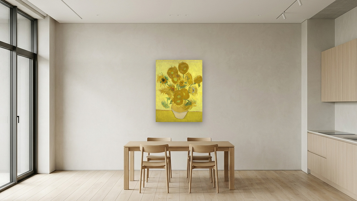 Sunflowers by Vincent van Gogh, shown at 30 × 40 in (76.2 × 101.6 cm) as gallery-wrapped canvas, kitchen