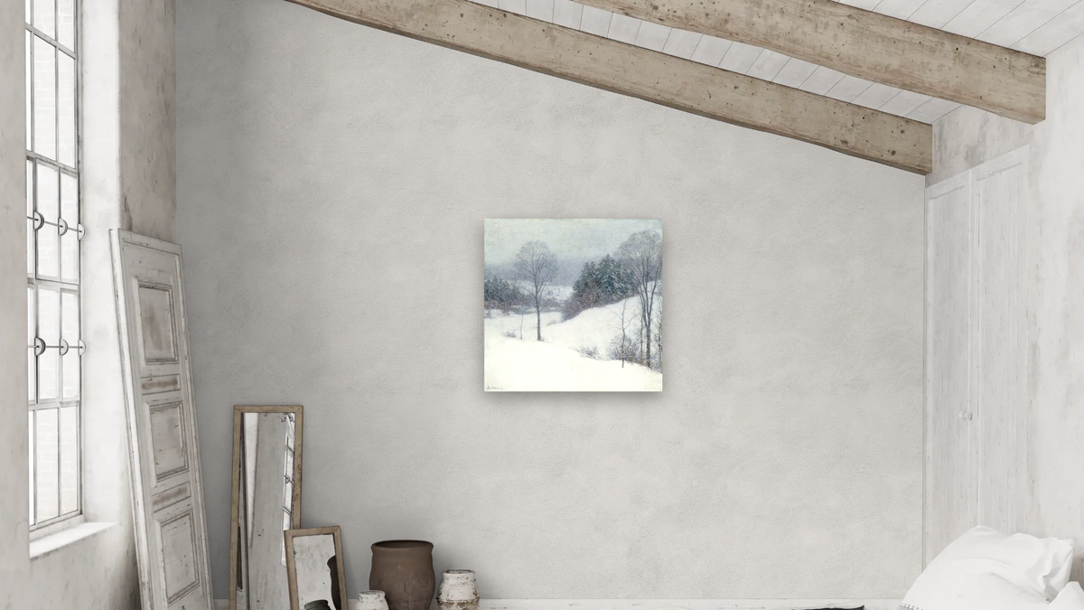 The White Veil by Willard LeRoy Metcalf, shown at 32 × 32 in (81.3 × 81.3 cm) as gallery-wrapped canvas, bedroom