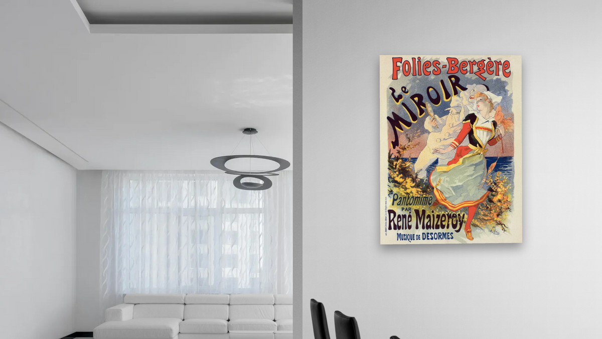 les Folies-Bergère "Le Miroir", from Les Maîtres de l'affiche, Volume 4 by Jules Chéret, shown at 30 × 40 in (76.2 × 101.6 cm) as gallery-wrapped canvas, dining