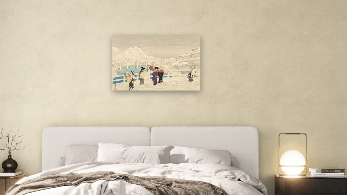 Matsuye Bridge in Snow (Matsuye Ohashi) by Oda Kazuma, shown at 28 × 42 in (71.1 × 106.7 cm) as gallery-wrapped canvas, bedroom