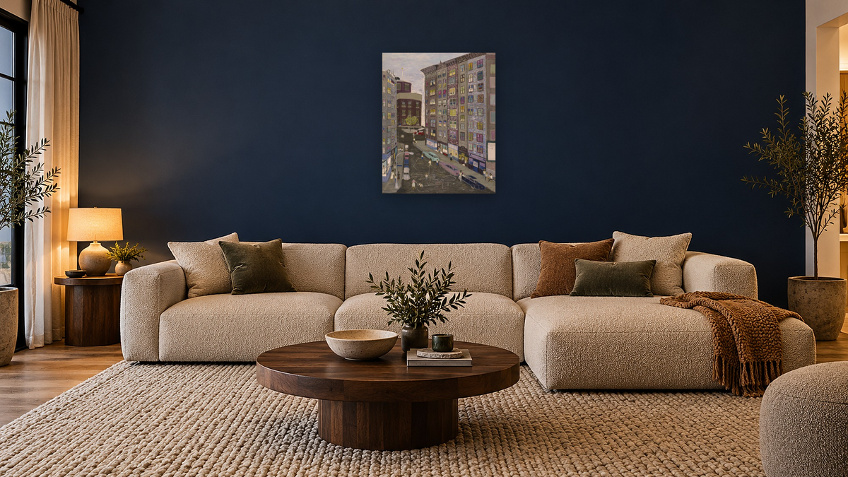 City Scene by Ralph Fasanella, shown at 32 × 40 in (81.3 × 101.6 cm) as gallery-wrapped canvas, media room
