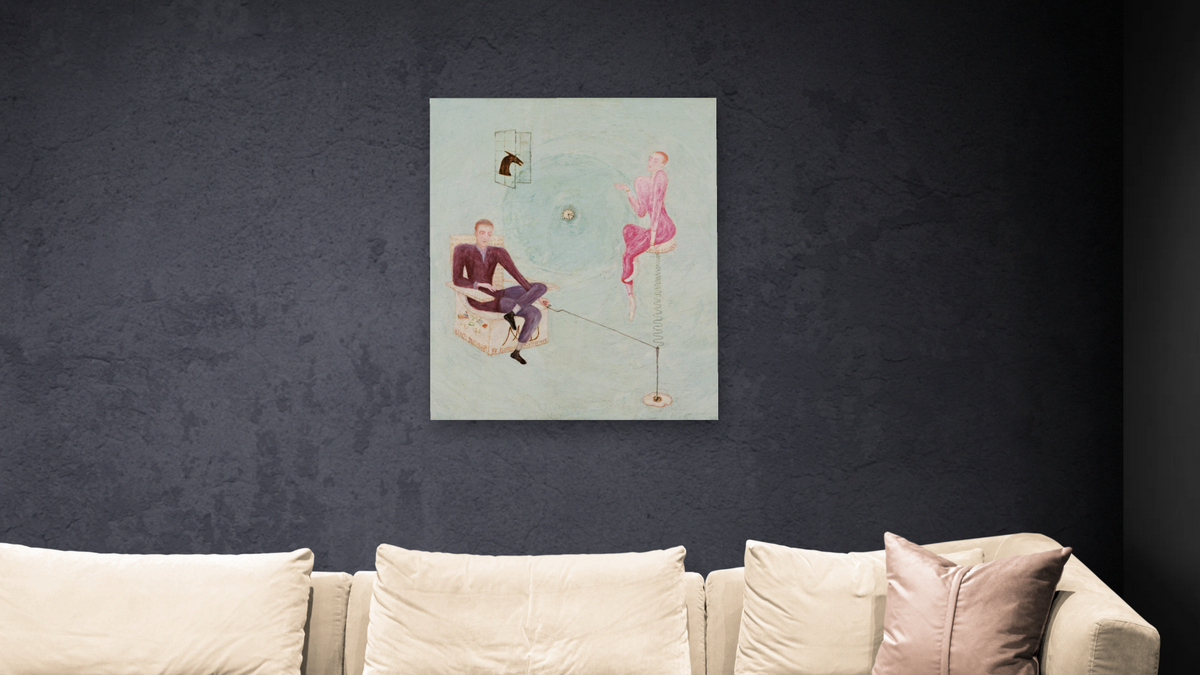 Portrait of Marcel Duchamp and Rose Sélavy by Florine Stettheimer, shown at 32 × 40 in (81.3 × 101.6 cm) as gallery-wrapped canvas, living