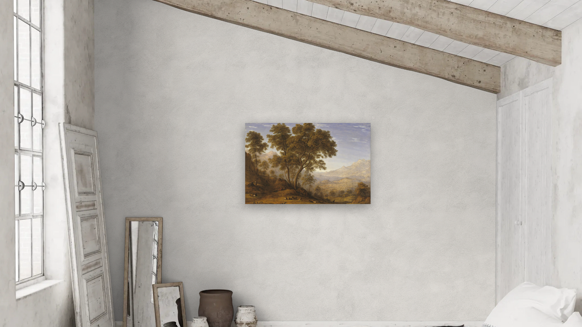 My last view of Italy, looking from the alps over Suza by John Glover, shown at 28 × 42 in (71.1 × 106.7 cm) as gallery-wrapped canvas, bedroom