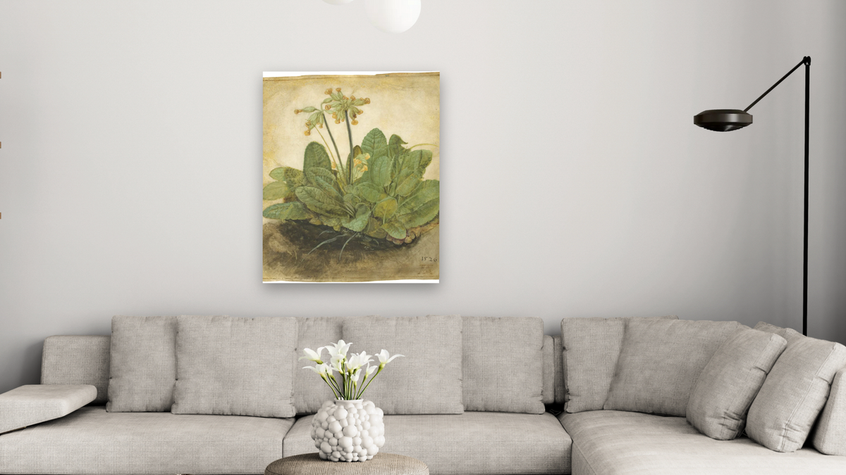 Tuft of Cowslips by Albrecht Dürer, shown at 32 × 40 in (81.3 × 101.6 cm) as gallery-wrapped canvas, living