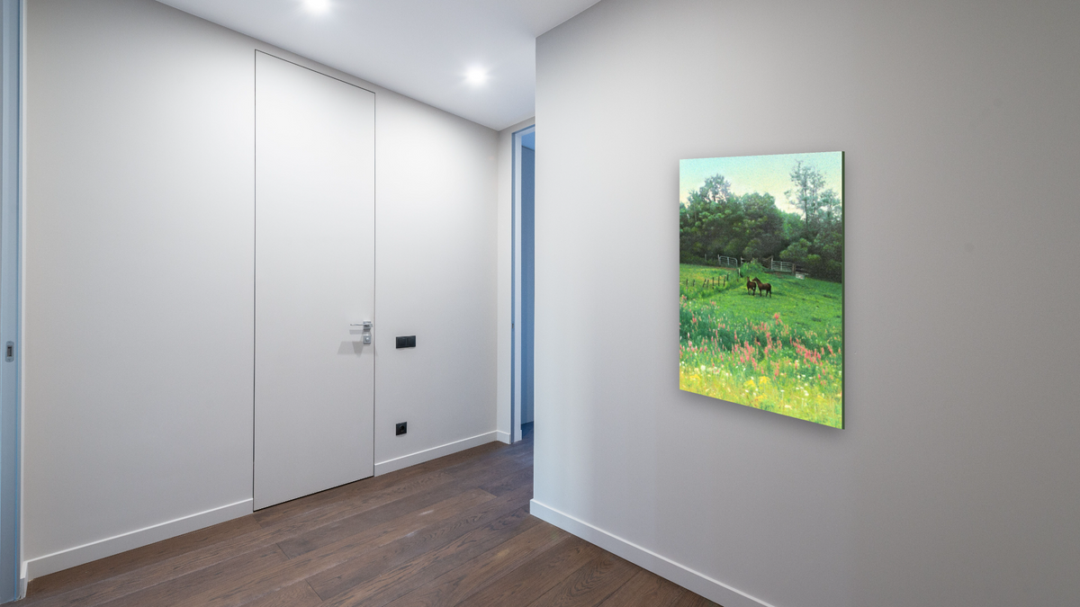 Horses in Field by Kirsten Söderlind, shown at 28 × 42 in (71.1 × 106.7 cm) as gallery-wrapped canvas, hallway