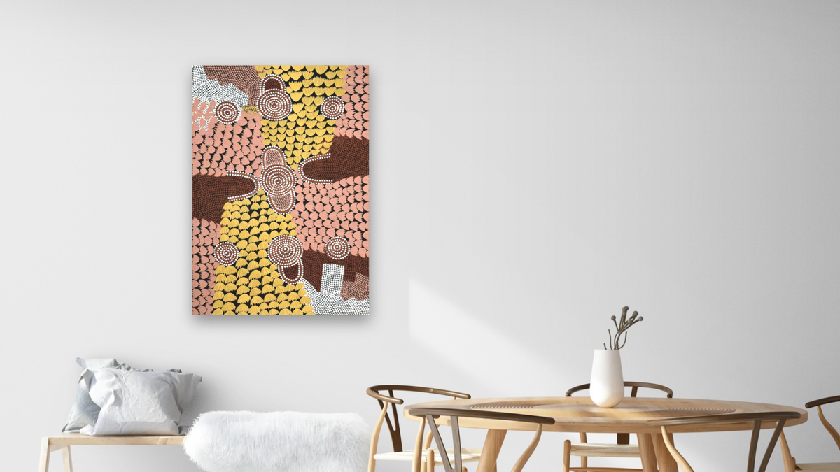 Untitled by Billy Stockman Tjapaltjarri, shown at 28 × 42 in (71.1 × 106.7 cm) as gallery-wrapped canvas, dining