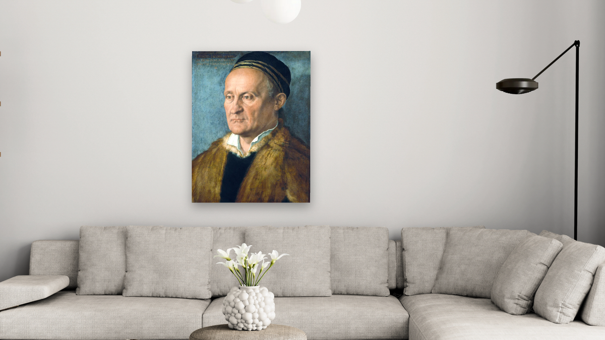 Portrait of Jakob Muffel by Albrecht Dürer, shown at 30 × 40 in (76.2 × 101.6 cm) as gallery-wrapped canvas, living