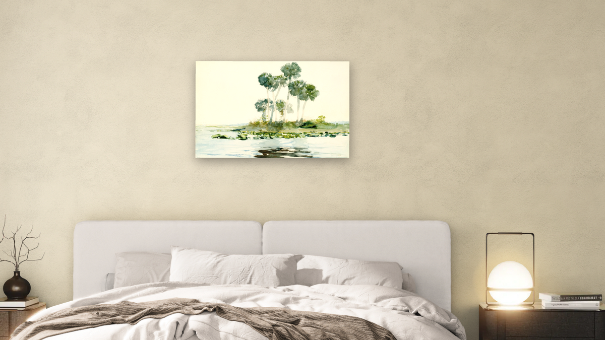 St. Johns River, Florida by Winslow Homer, shown at 28 × 42 in (71.1 × 106.7 cm) as gallery-wrapped canvas, bedroom