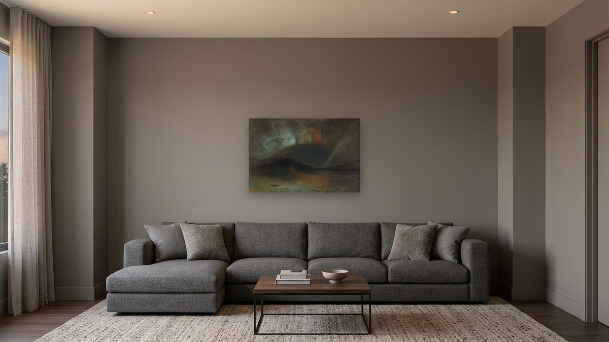 Aurora Borealis by Frederic Edwin Church, shown at 28 × 42 in (71.1 × 106.7 cm) as gallery-wrapped canvas, media room