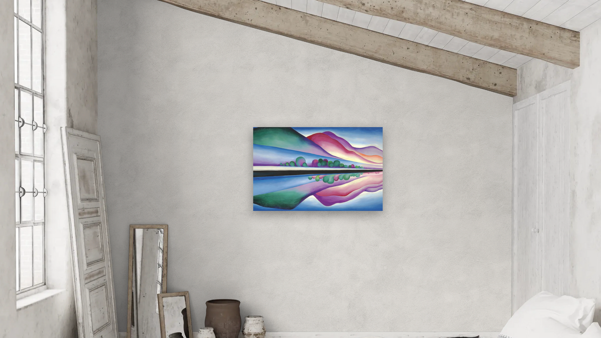Lake George Reflection by Georgia O'Keeffe, shown at 28 × 42 in (71.1 × 106.7 cm) as gallery-wrapped canvas, bedroom
