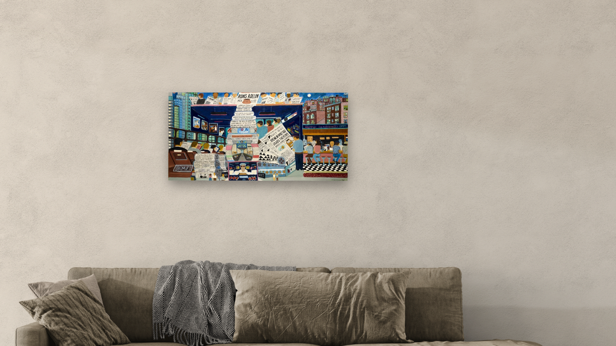 Ron's Rollin by Ralph Fasanella, shown at 20 × 40 in (50.8 × 101.6 cm) as gallery-wrapped canvas, living