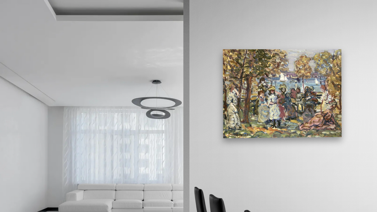 Waterside Park Scene by Maurice Brazil Prendergast, shown at 30 × 40 in (76.2 × 101.6 cm) as gallery-wrapped canvas, dining