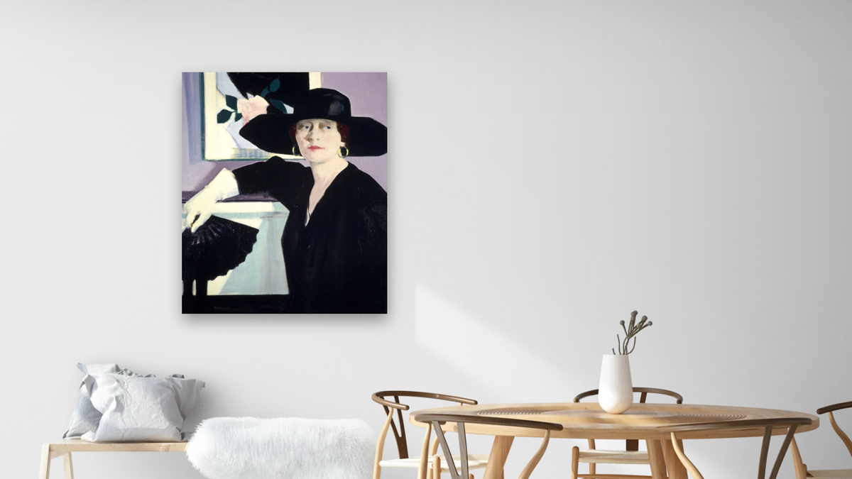 Portrait of a Lady in Black by Francis Campbell Boileau Cadell, shown at 32 × 40 in (81.3 × 101.6 cm) as gallery-wrapped canvas, dining