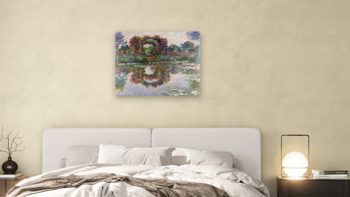 Flowering Arches, Giverny by Claude Monet, shown at 32 × 40 in (81.3 × 101.6 cm) as gallery-wrapped canvas, bedroom