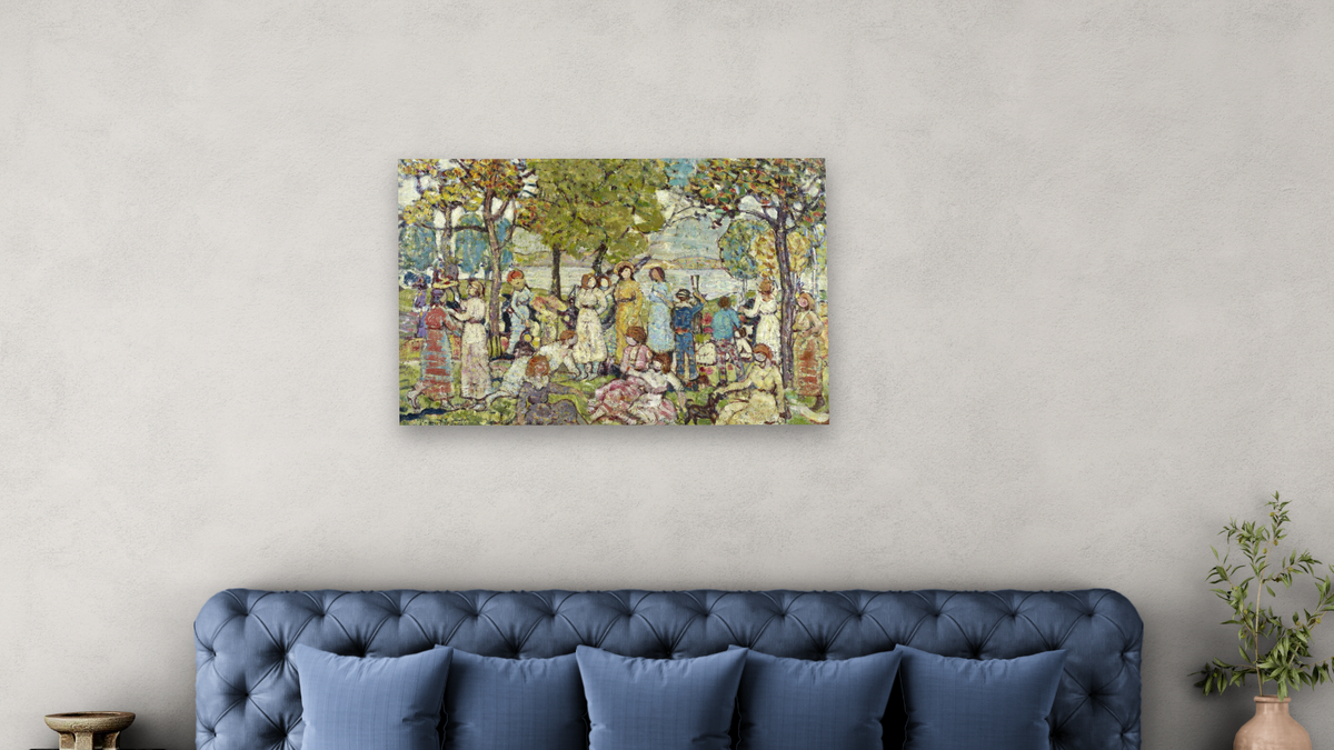 Holidays by Maurice Brazil Prendergast, shown at 28 × 42 in (71.1 × 106.7 cm) as gallery-wrapped canvas, bedroom