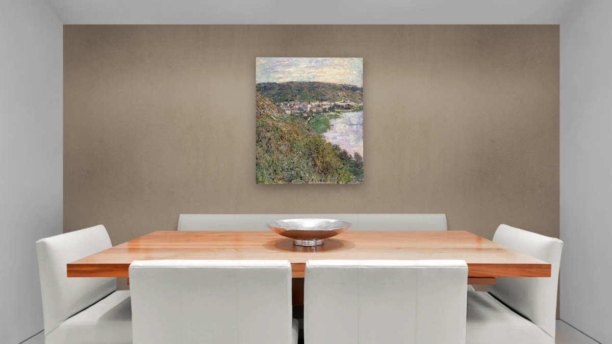 View of Vetheiul by Claude Monet, shown at 32 × 40 in (81.3 × 101.6 cm) as gallery-wrapped canvas, dining