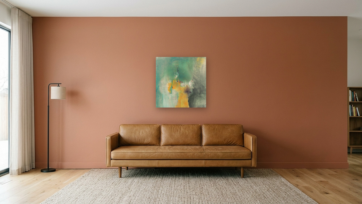No. 202 by Michelle Oppenheimer, shown at 32 × 32 in (81.3 × 81.3 cm) as gallery-wrapped canvas, media room
