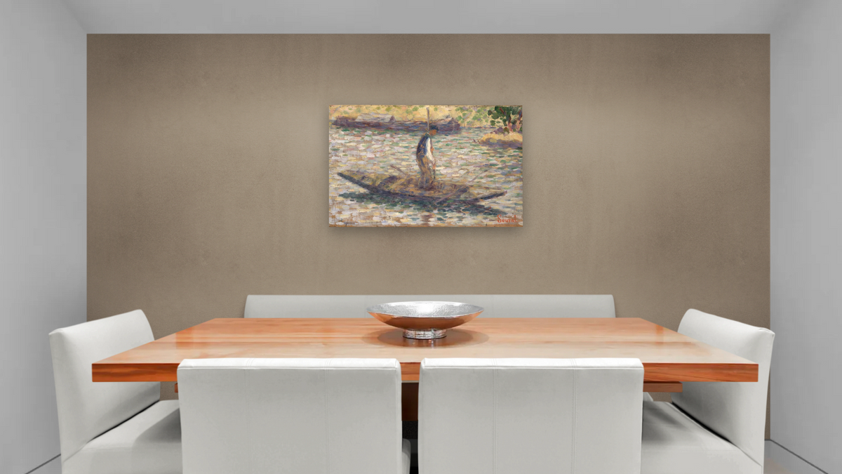 A Fisherman by Georges Seurat, shown at 28 × 42 in (71.1 × 106.7 cm) as gallery-wrapped canvas, dining