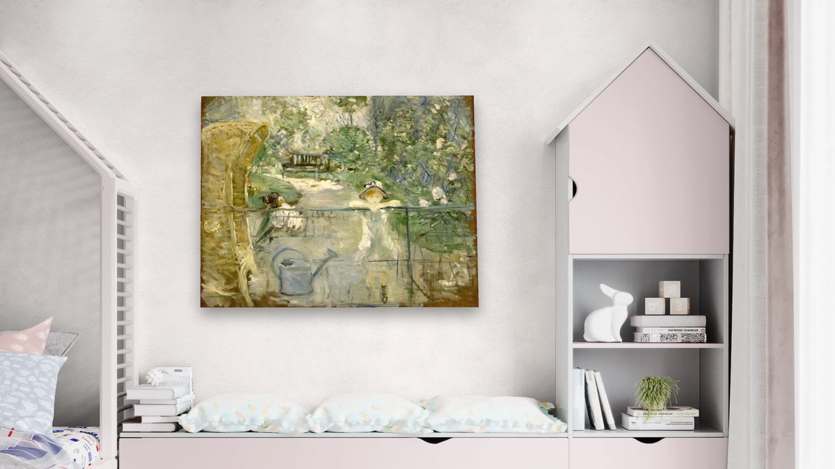 The Basket Chair by Berthe Morisot, shown at 32 × 40 in (81.3 × 101.6 cm) as gallery-wrapped canvas, bedroom