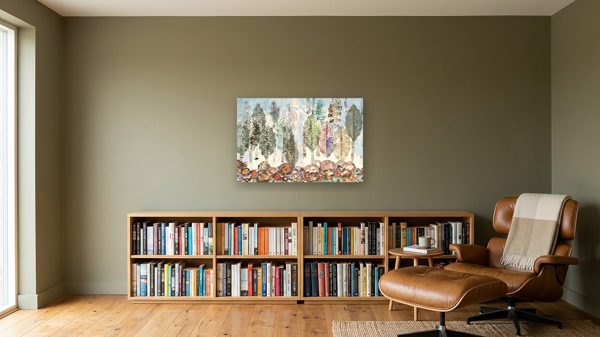 Swimmy I, shown at 28 × 42 in (71.1 × 106.7 cm) as gallery-wrapped canvas, library