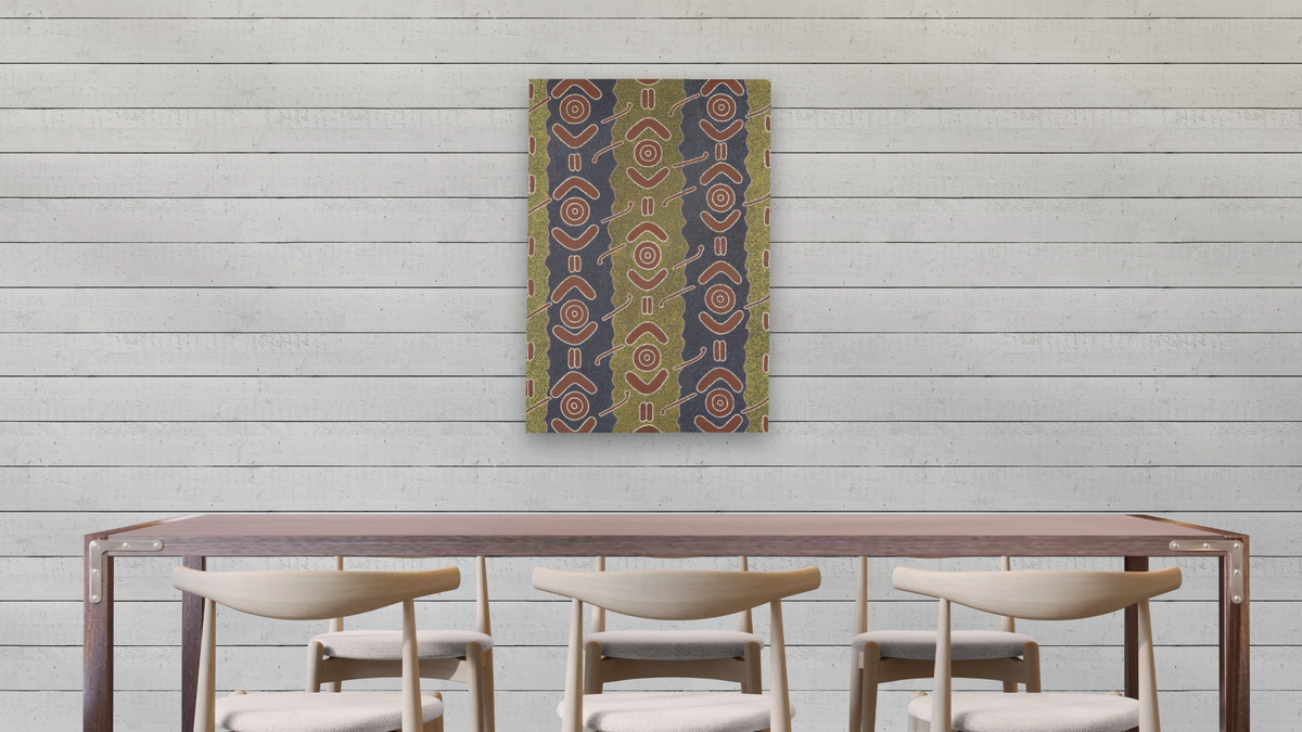 Men's Dreaming by Clifford Possum Tjapaltjarri, shown at 28 × 42 in (71.1 × 106.7 cm) as gallery-wrapped canvas, dining