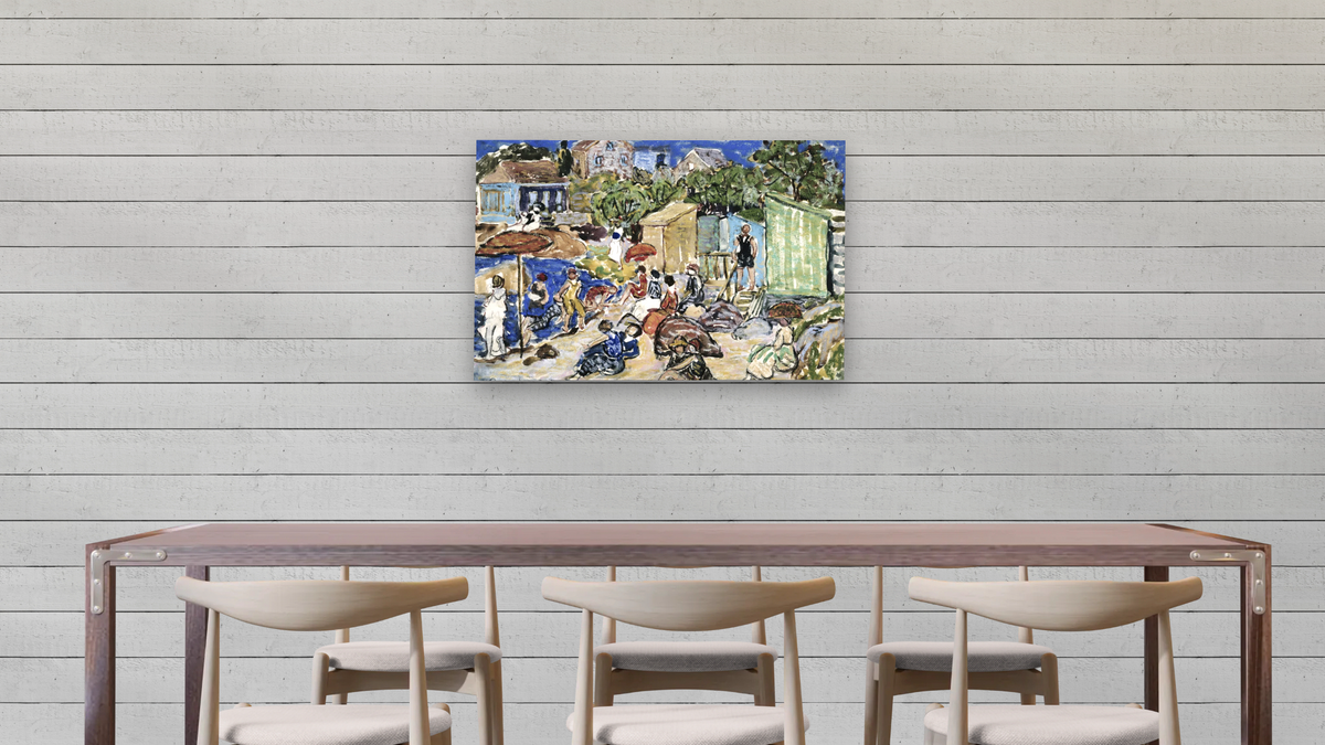 Painting of a Beach Scene by Maurice Brazil Prendergast, shown at 28 × 42 in (71.1 × 106.7 cm) as gallery-wrapped canvas, dining