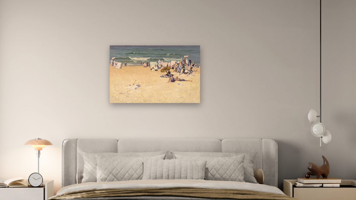 The Beach, shown at 28 × 42 in (71.1 × 106.7 cm) as gallery-wrapped canvas, bedroom