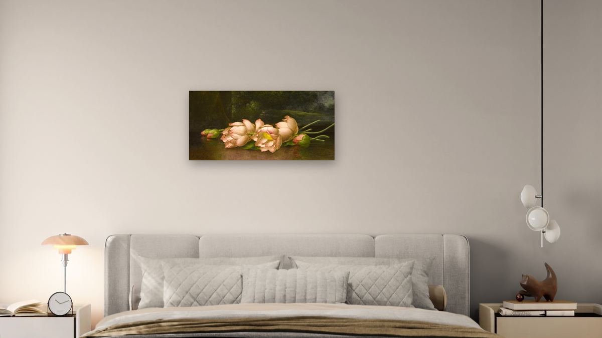 Lotus Flowers: A Landscape Painting in the Background by Martin Johnson Heade, shown at 20 × 40 in (50.8 × 101.6 cm) as gallery-wrapped canvas, bedroom