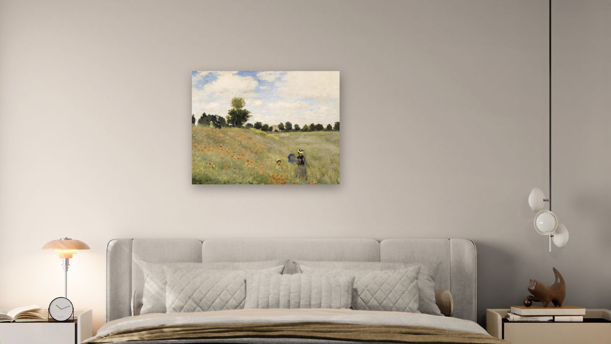Coquelicots, environs d'Argenteuil by Claude Monet, shown at 32 × 40 in (81.3 × 101.6 cm) as gallery-wrapped canvas, bedroom