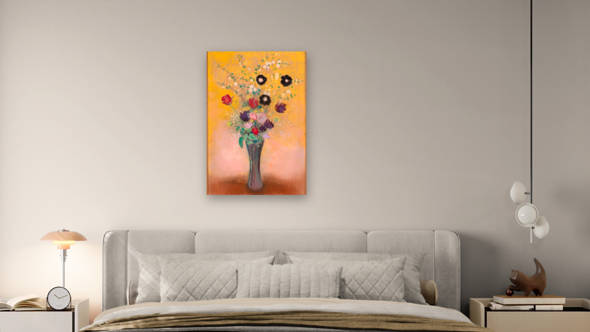 Vase of Flowers by Odilon Redon, shown at 28 × 42 in (71.1 × 106.7 cm) as gallery-wrapped canvas, bedroom
