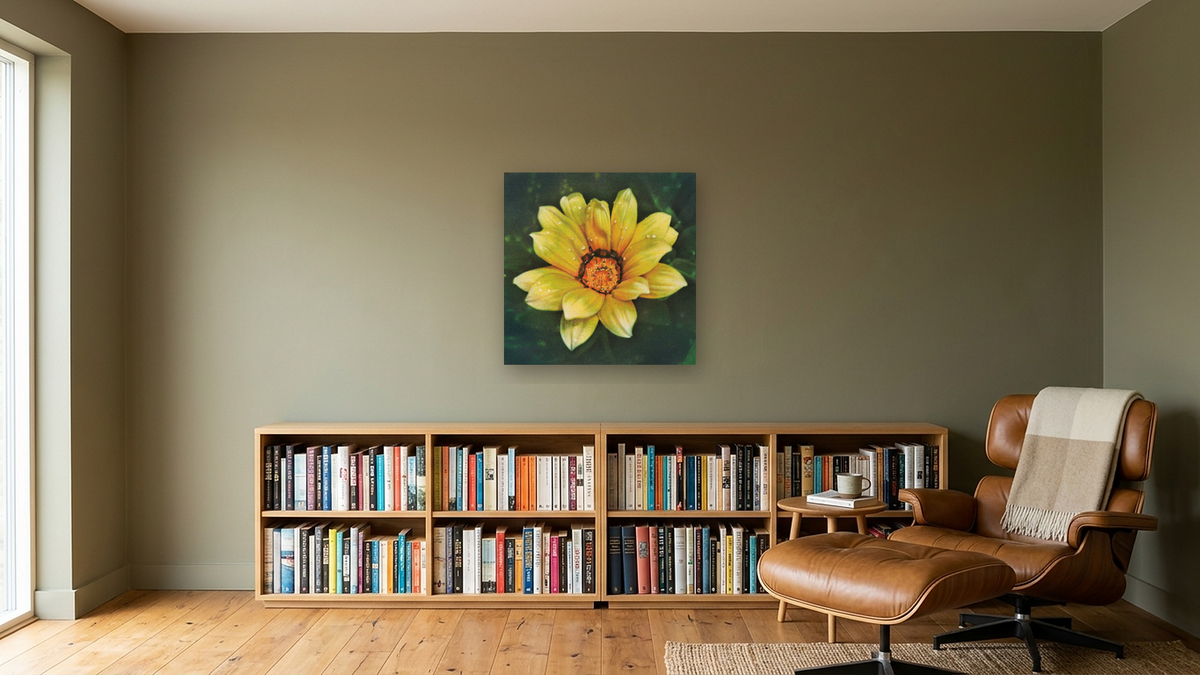 Single Dahlia by Kirsten Söderlind, shown at 32 × 32 in (81.3 × 81.3 cm) as gallery-wrapped canvas, library