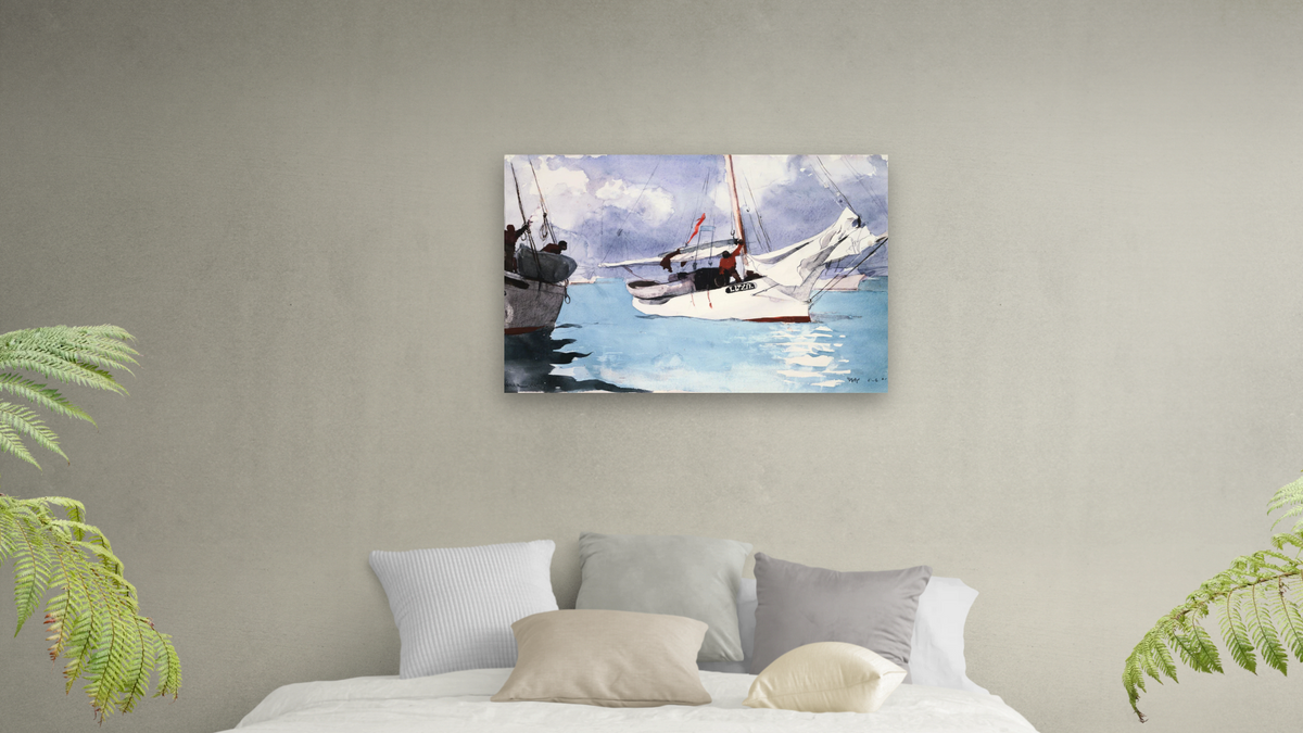 Fishing Boats, Key West by Winslow Homer, shown at 28 × 42 in (71.1 × 106.7 cm) as gallery-wrapped canvas, bedroom