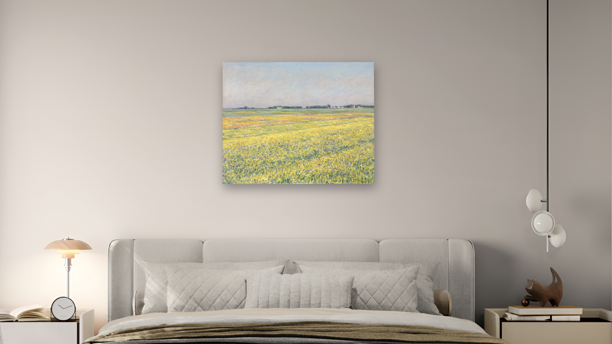 The plain of Gennevilliers, yellow fields by Gustave Caillebotte, shown at 32 × 40 in (81.3 × 101.6 cm) as gallery-wrapped canvas, bedroom