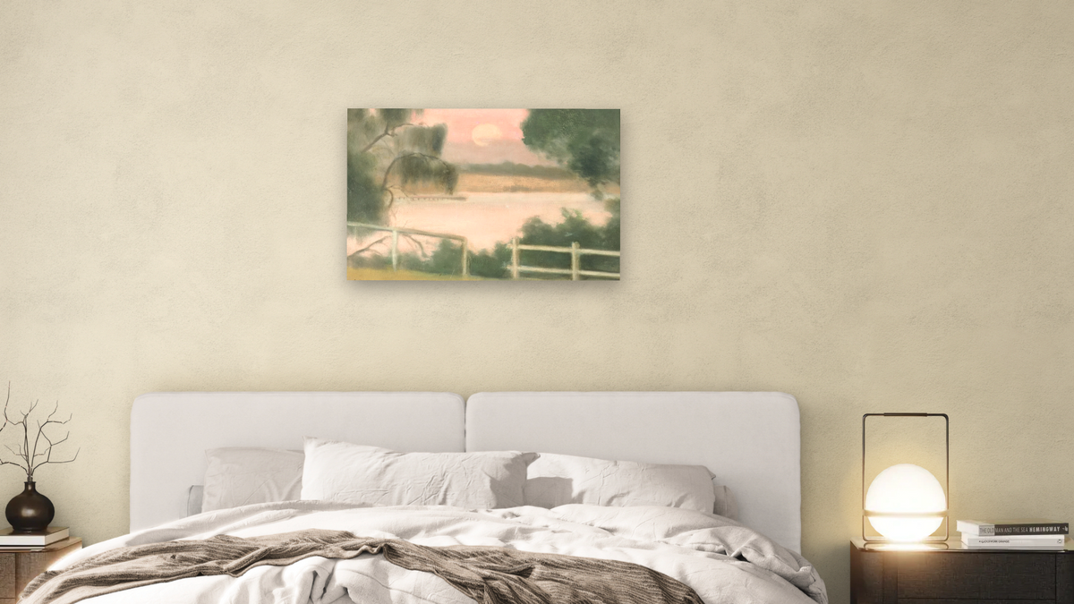 Keefer's Jetty by Clarice Beckett, shown at 28 × 42 in (71.1 × 106.7 cm) as gallery-wrapped canvas, bedroom