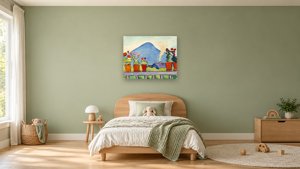 Geraniums Before Blue Mountain by August Macke, shown at 32 × 40 in (81.3 × 101.6 cm) as gallery-wrapped canvas, kids' room