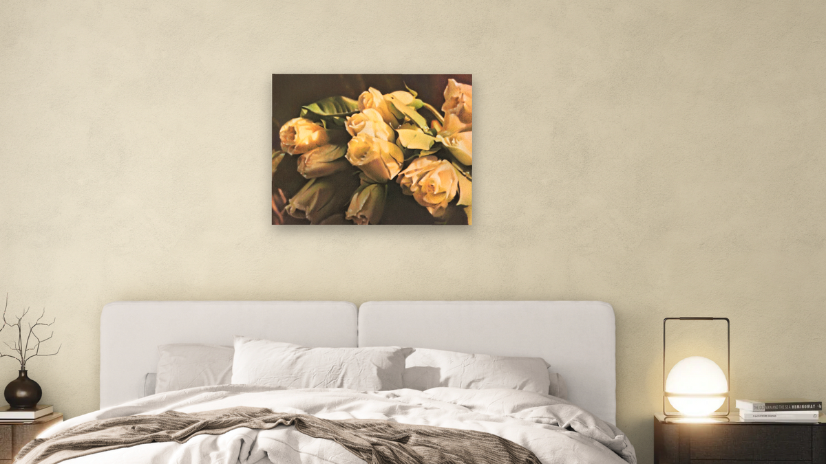 White Roses by Kirsten Söderlind, shown at 32 × 40 in (81.3 × 101.6 cm) as gallery-wrapped canvas, bedroom