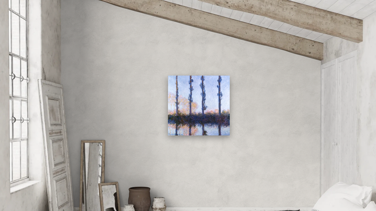 The Four Trees by Claude Monet, shown at 32 × 32 in (81.3 × 81.3 cm) as gallery-wrapped canvas, bedroom
