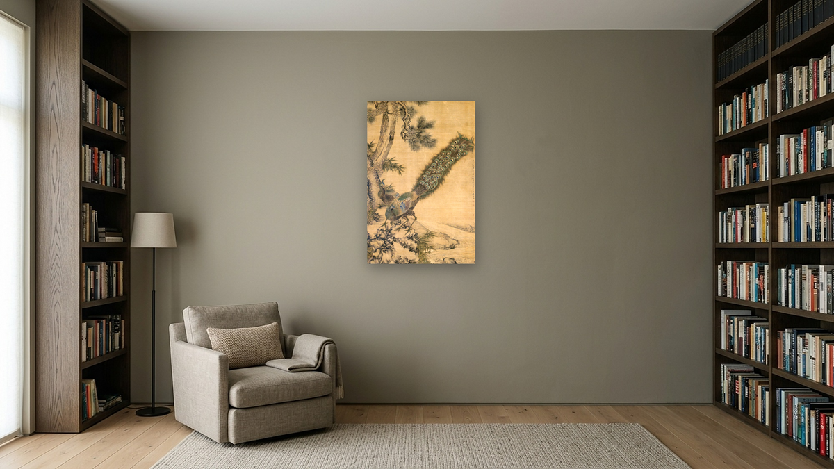 Bamboo, Pine and Peacocks by Shen Nanpin, shown at 28 × 42 in (71.1 × 106.7 cm) as gallery-wrapped canvas, library